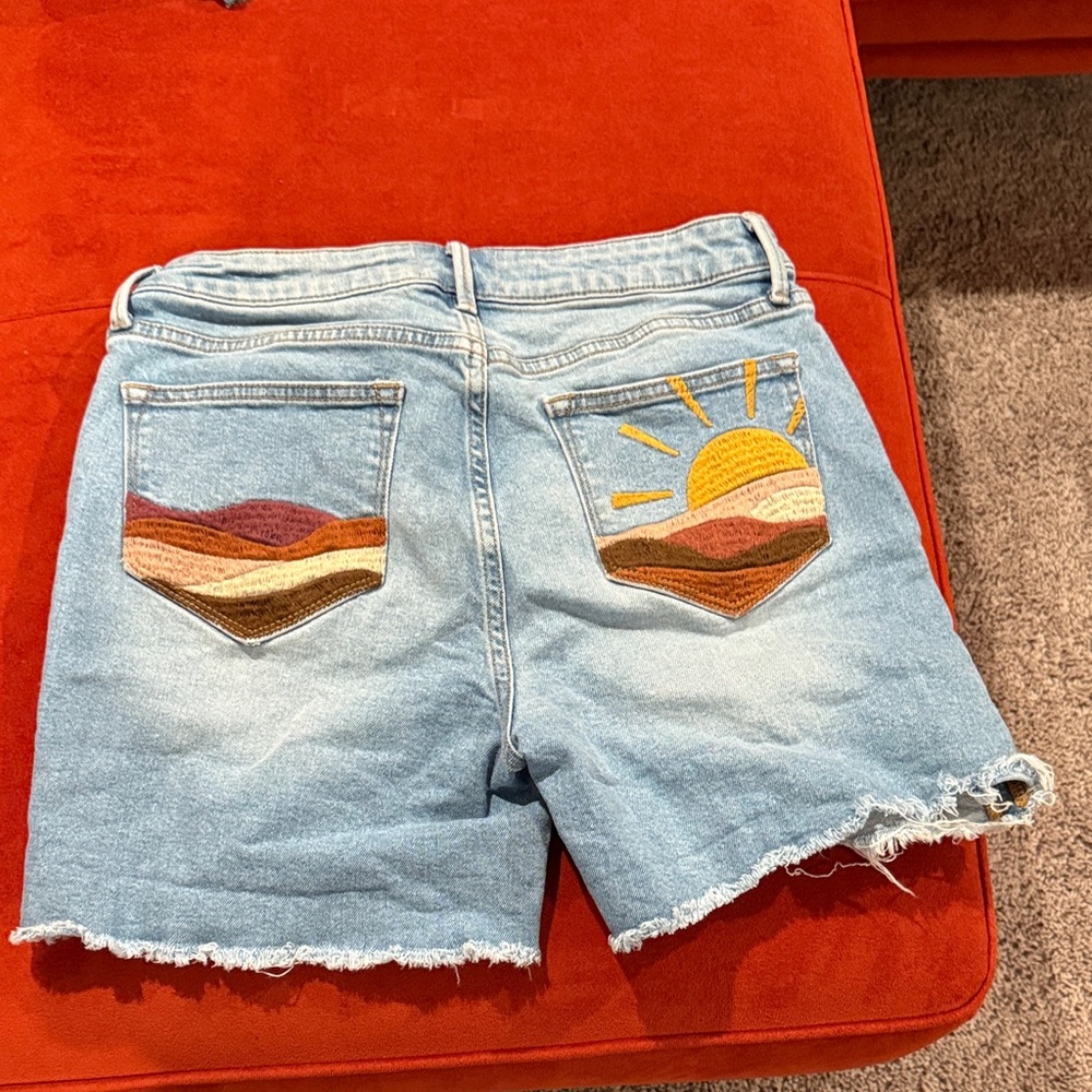DRIFTWOOD Light Blue Jean Shorts with Sunset Embroidery